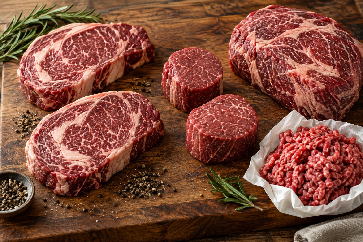 Ribeye steaks, filet medallions, a beef roast, and ground beef on a wooden butcher block